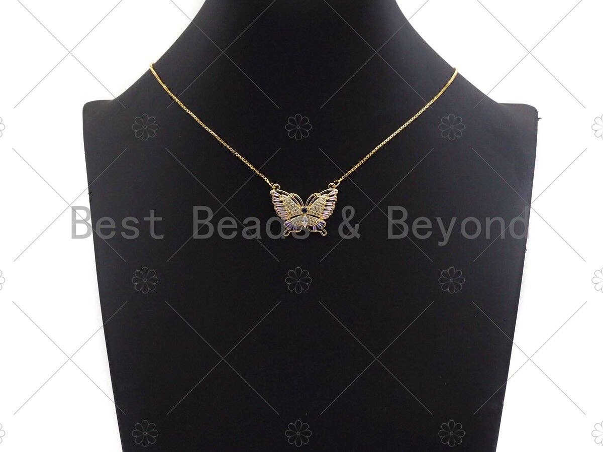 Purple CZ Micro Pave Butterfly Shape Pendant, Gold Plated Jewelry, Necklace Bracelet Charm Pendant, 22x29mm,sku#LD03
