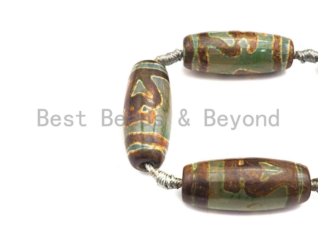 1pc/10pcs Natural Tibetan Agate Beads, Green Yellow Tibetan Long Oval Shape Beads, Dzi heart Agate Beads, 12x30mm, sku#U541