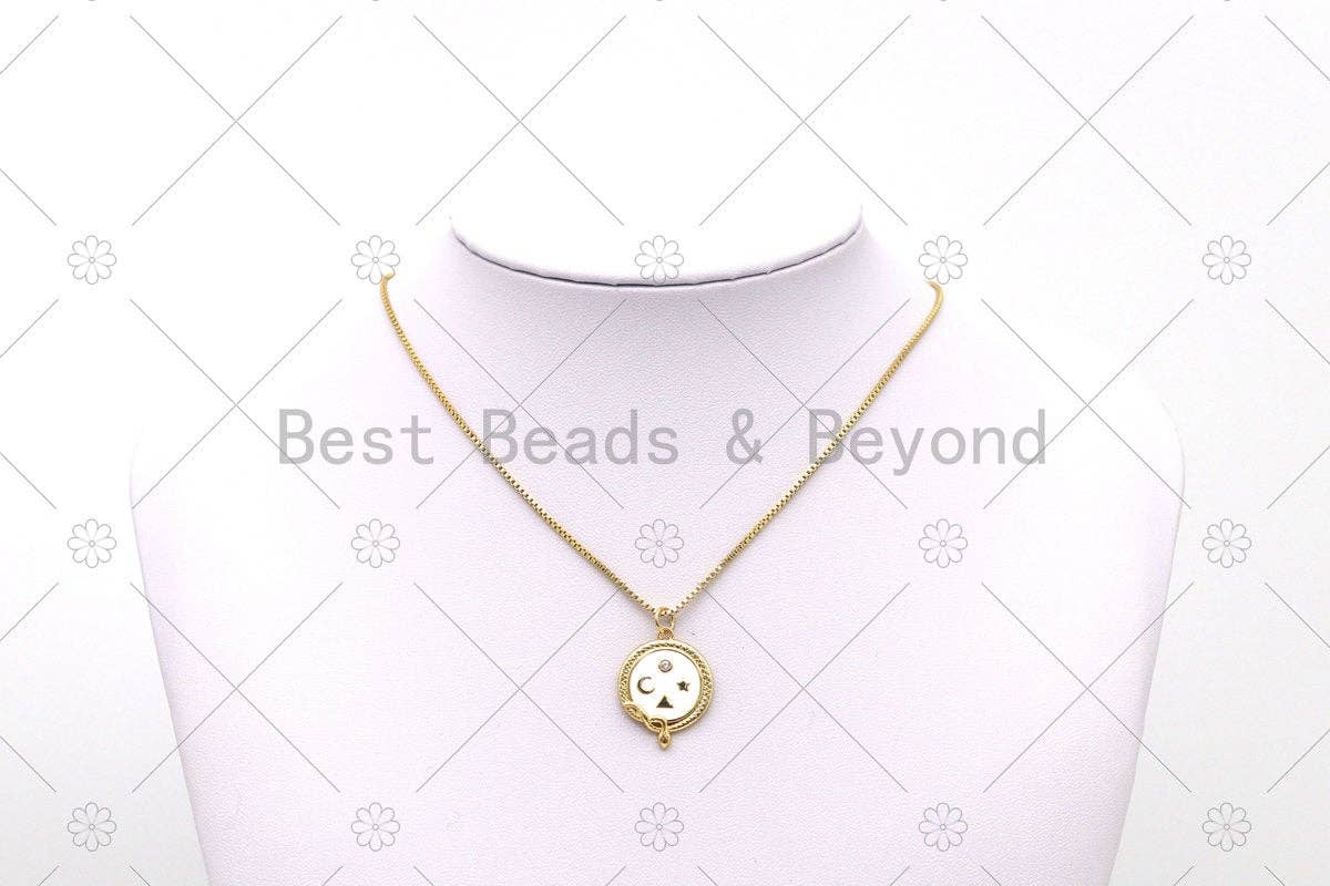 CZ Micro Pave Star Moon Triangle on Round Coin Shape Pendant, 18K Gold Filled Snake Charm, Necklace Bracelet Charm Pendant, Sku#Y556