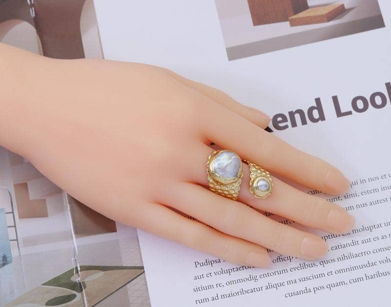 Gold Round Pearl Adjustable Ring, Sku#YT42
