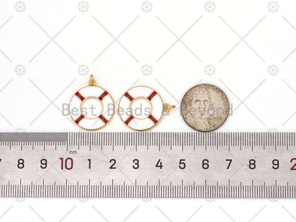 Pendentif bouée de sauvetage émail blanc rouge, breloque bouée de sauvetage remplie d'or 18 carats, pendentif breloque bracelet collier, 23x20mm, SKU#LK473