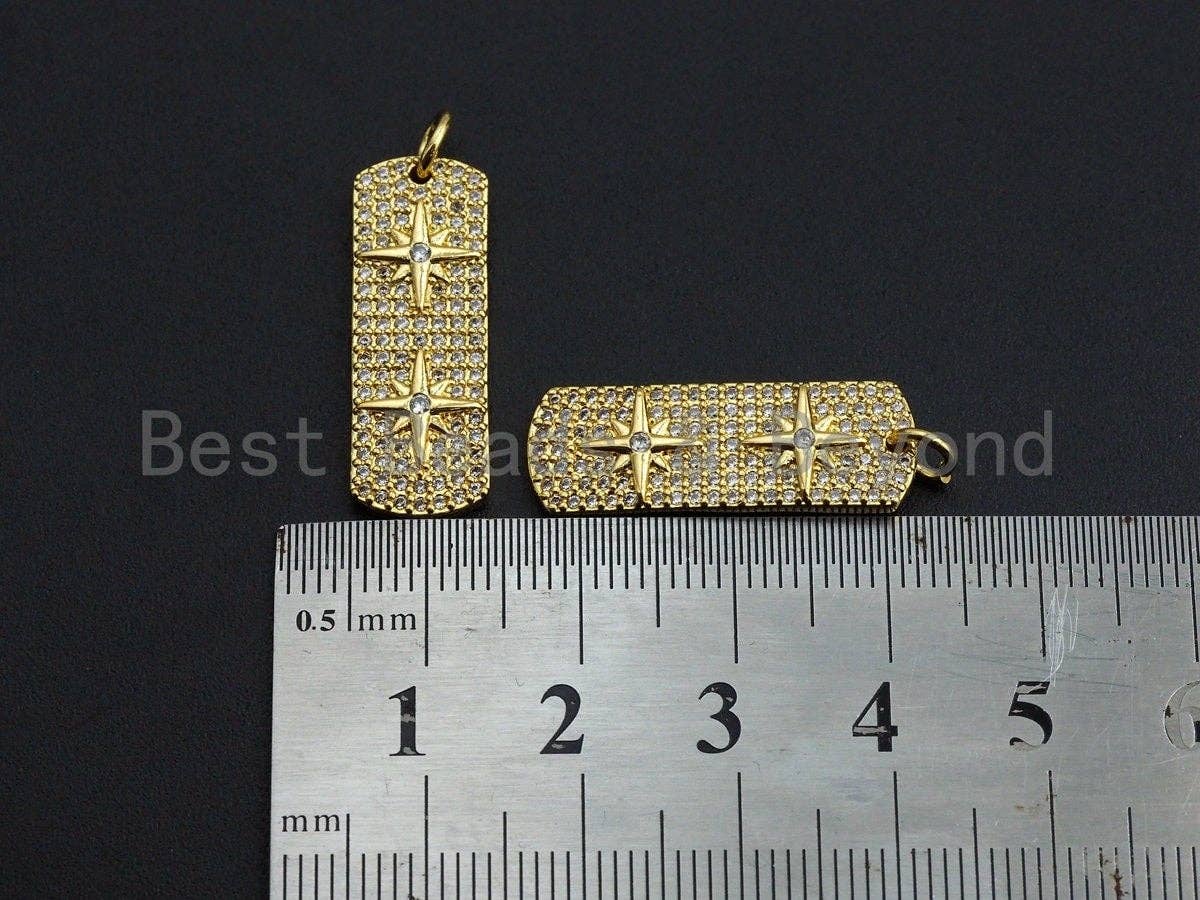 CZ Micro Pave Double North Star On Long Bar Pendant, Cubic Zirconia Strip Pendant, Micro pave Star pendant, 9x26mm, sku#Z768