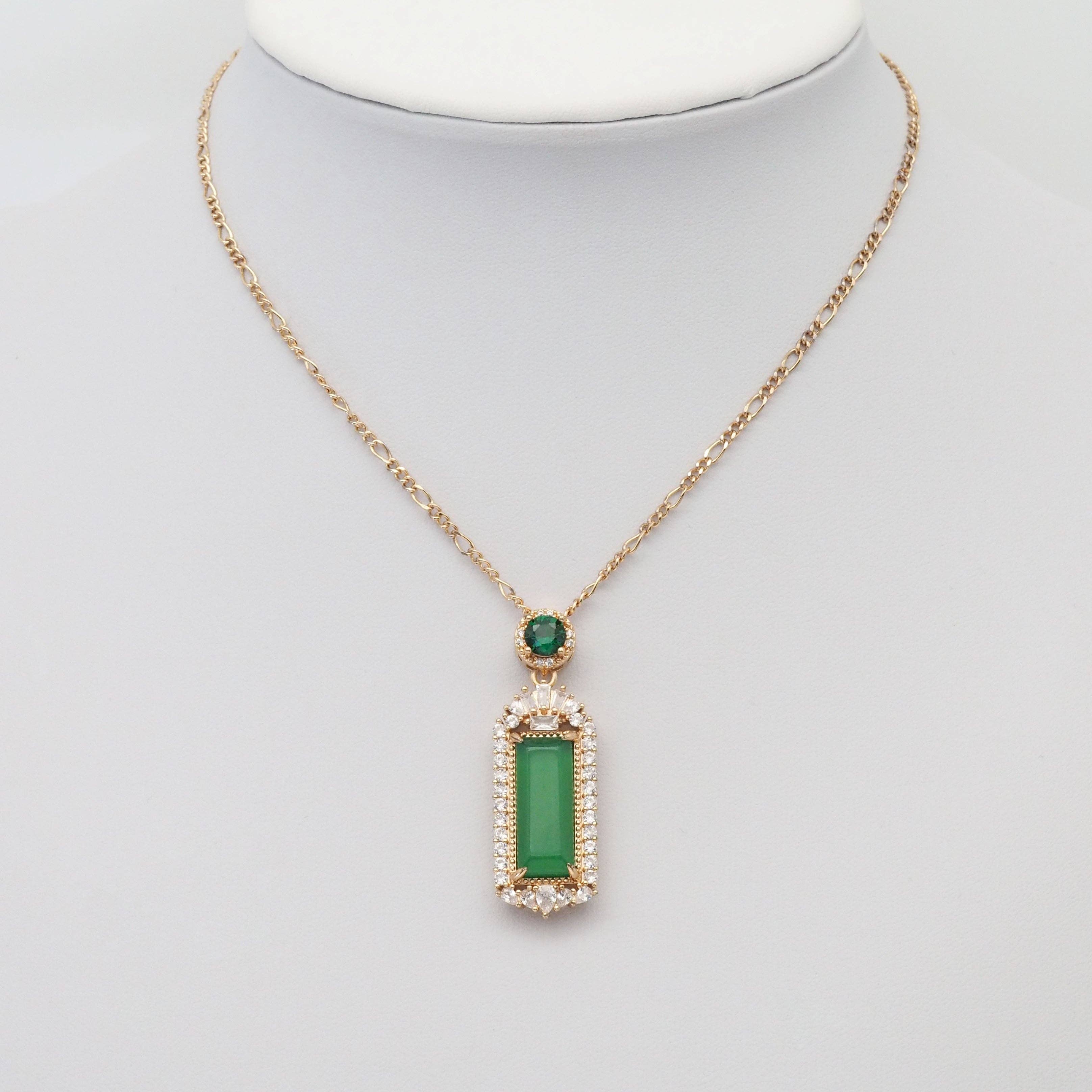 Gold CZ Green Jade Rectangle Bar Charm, Sku#LX347