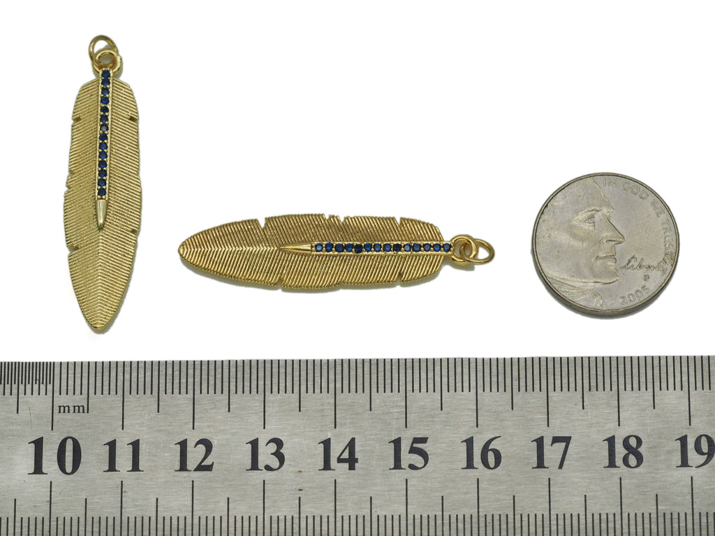 Cobalt CZ Gold Feather Charm, Sku#LX45