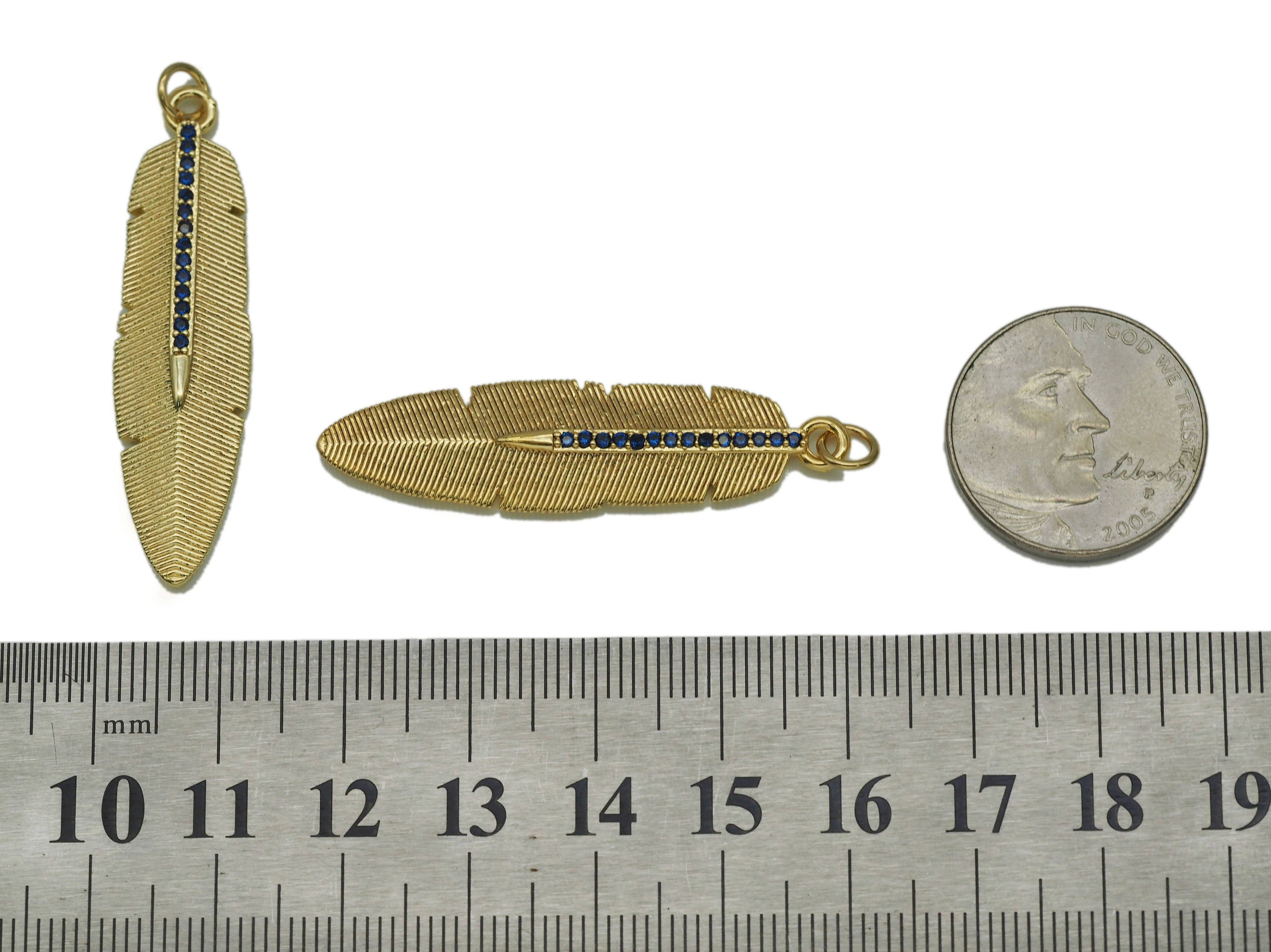 Cobalt CZ Gold Feather Charm, Sku#LX45