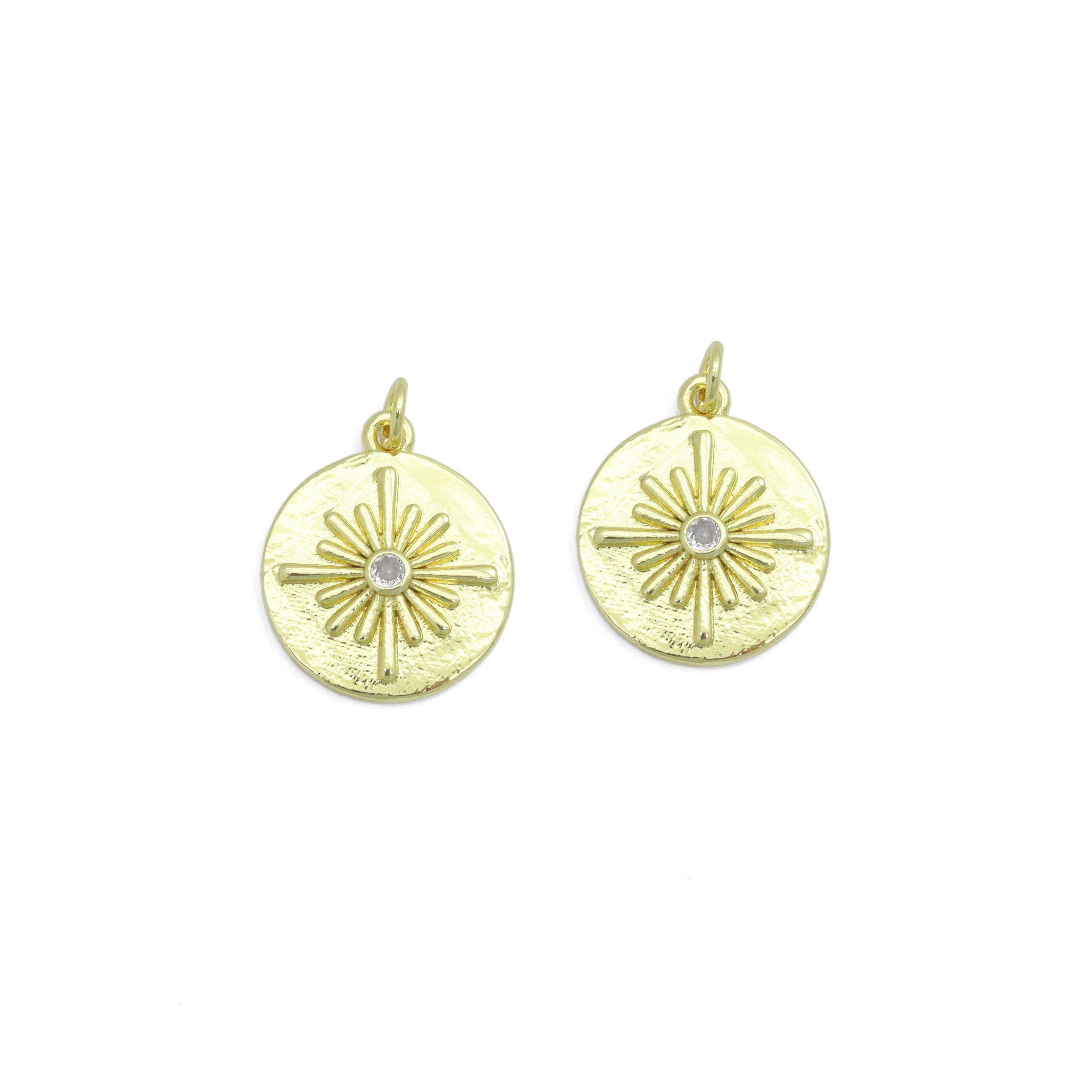 Gold Flower On Round Coin Charm Pendant,Sku#LX864