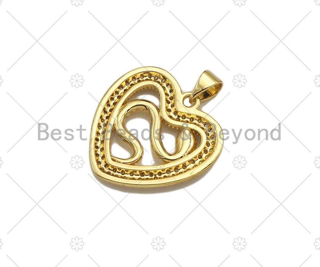 CZ Micro Pave Snake On Heart Shape Pendant/Charm,Cubic Zirconia Gold Charm, Necklace Bracelet Charm Pendant,21x21mm, Sku#LD32