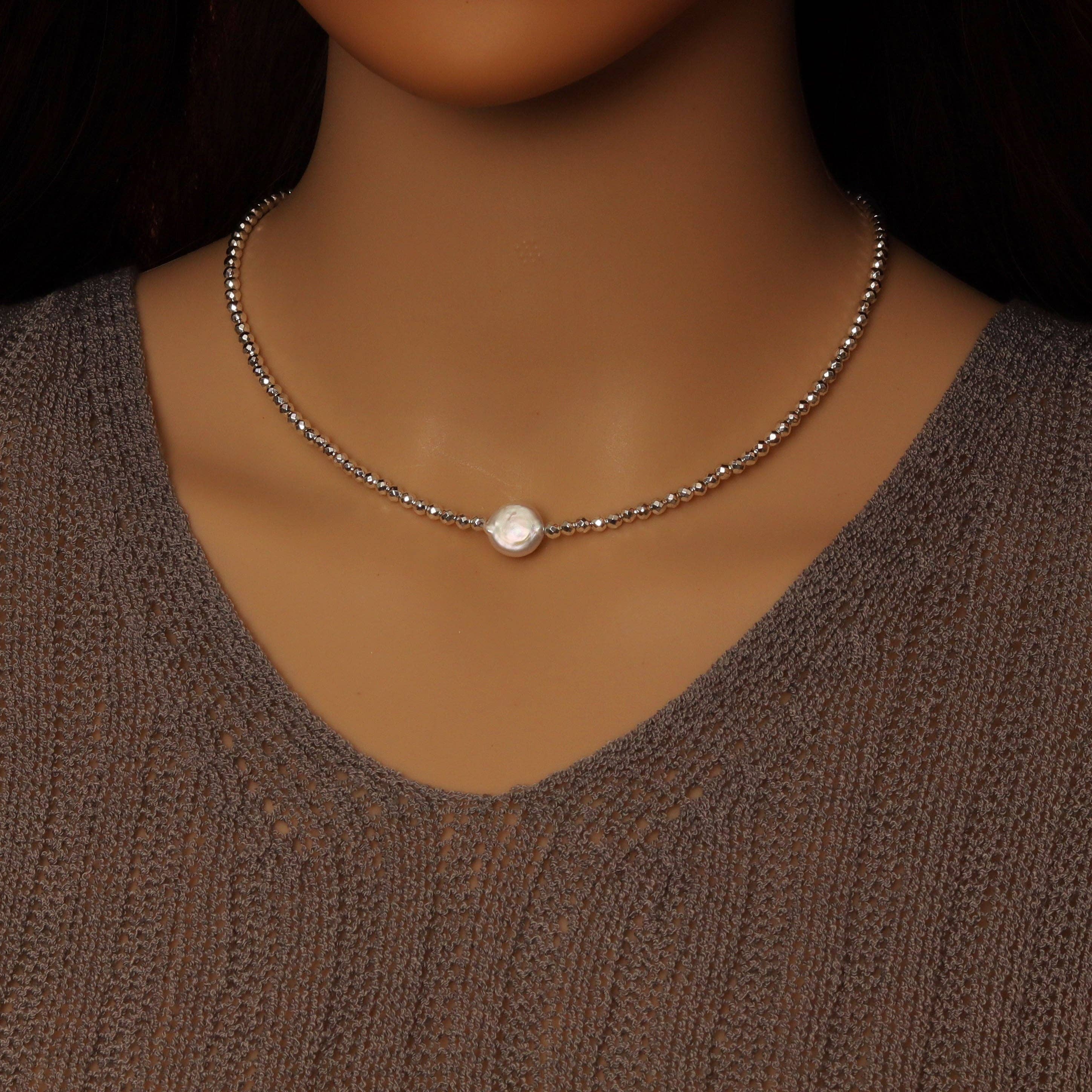 Gold Silver hematite with flat pearl necklace, sku#EF556
