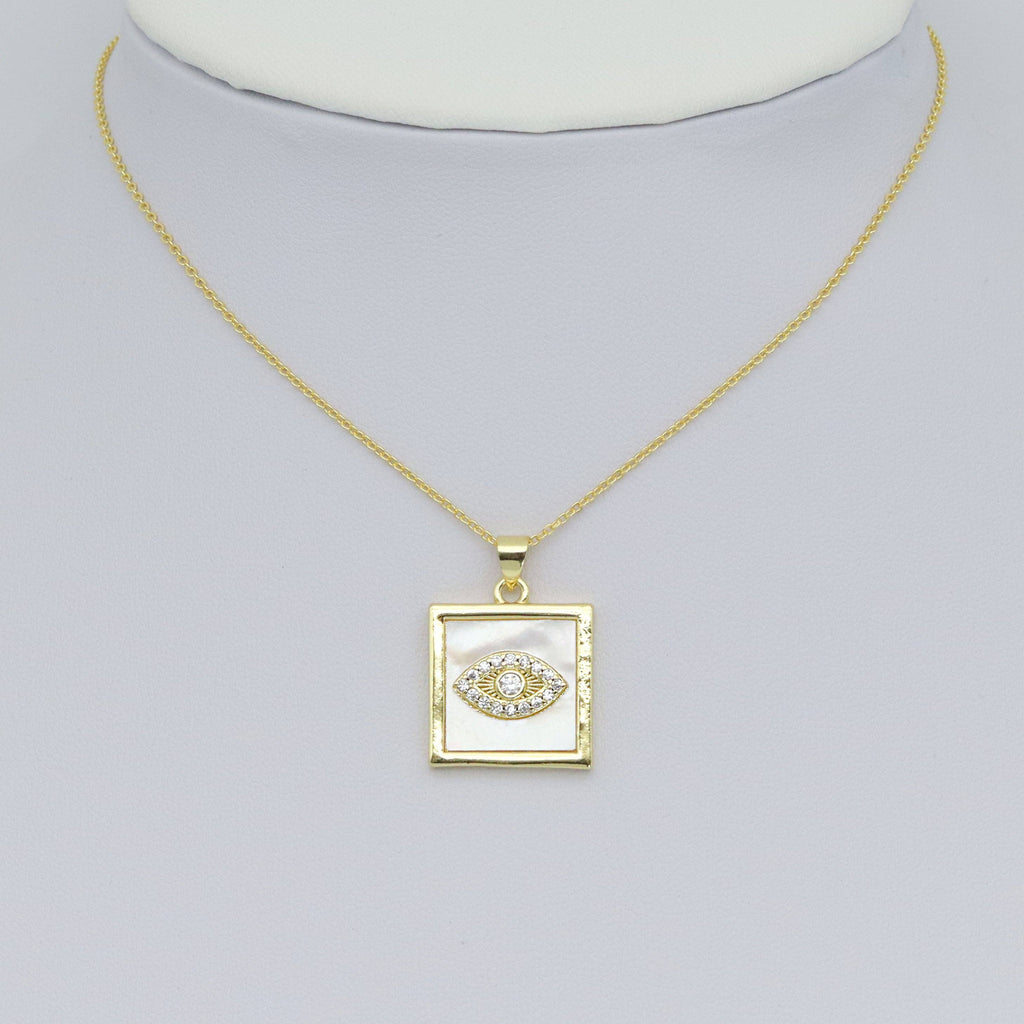 Gold Clear CZ Evil Eye On Square Mother of Pearl Charm Pendant, Sku#LK987