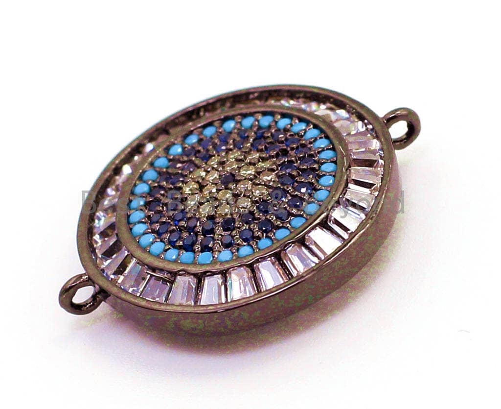 CZ Micro Pave Turquoise Cobalt Clear Crystal Round Coin Connector for Bracelet/Necklace, Cubic Zirconia Space Connector, 22mm, 1pc, sku#E17