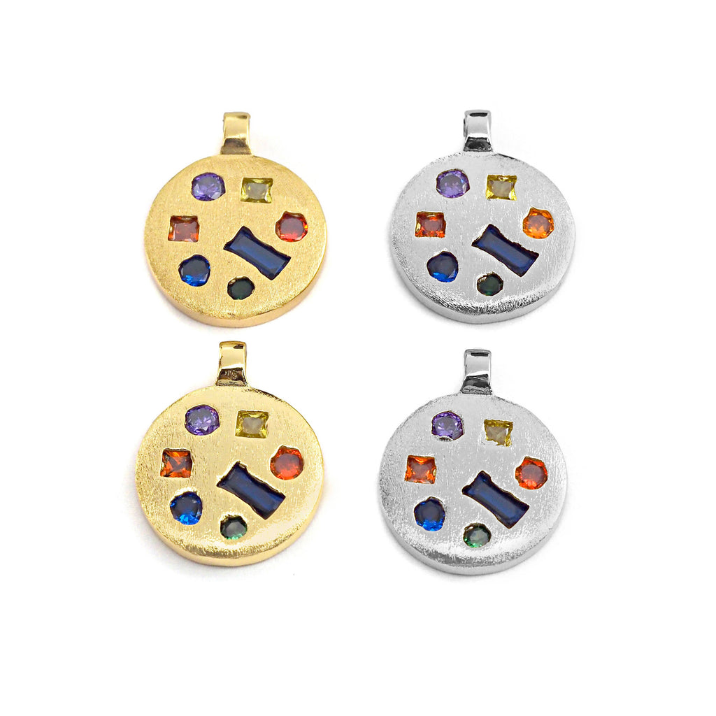 Colorful CZ Micro Pave Coin Shape Pendant,Cubic Zirconia Round Charm, Gold Pendant,16x20mm,sku#Y217