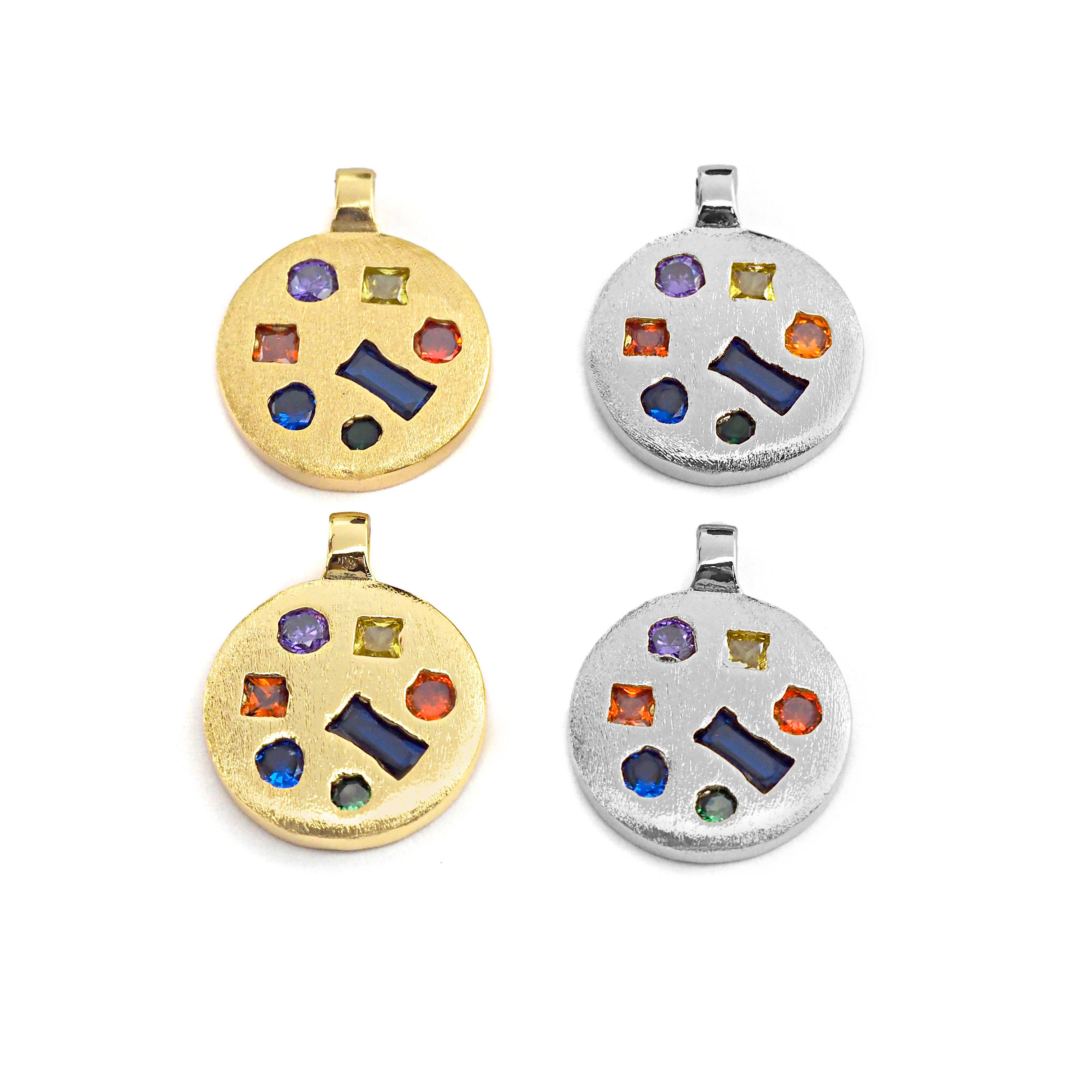 Colorful CZ Micro Pave Coin Shape Pendant,Cubic Zirconia Round Charm, Gold Pendant,16x20mm,sku#Y217