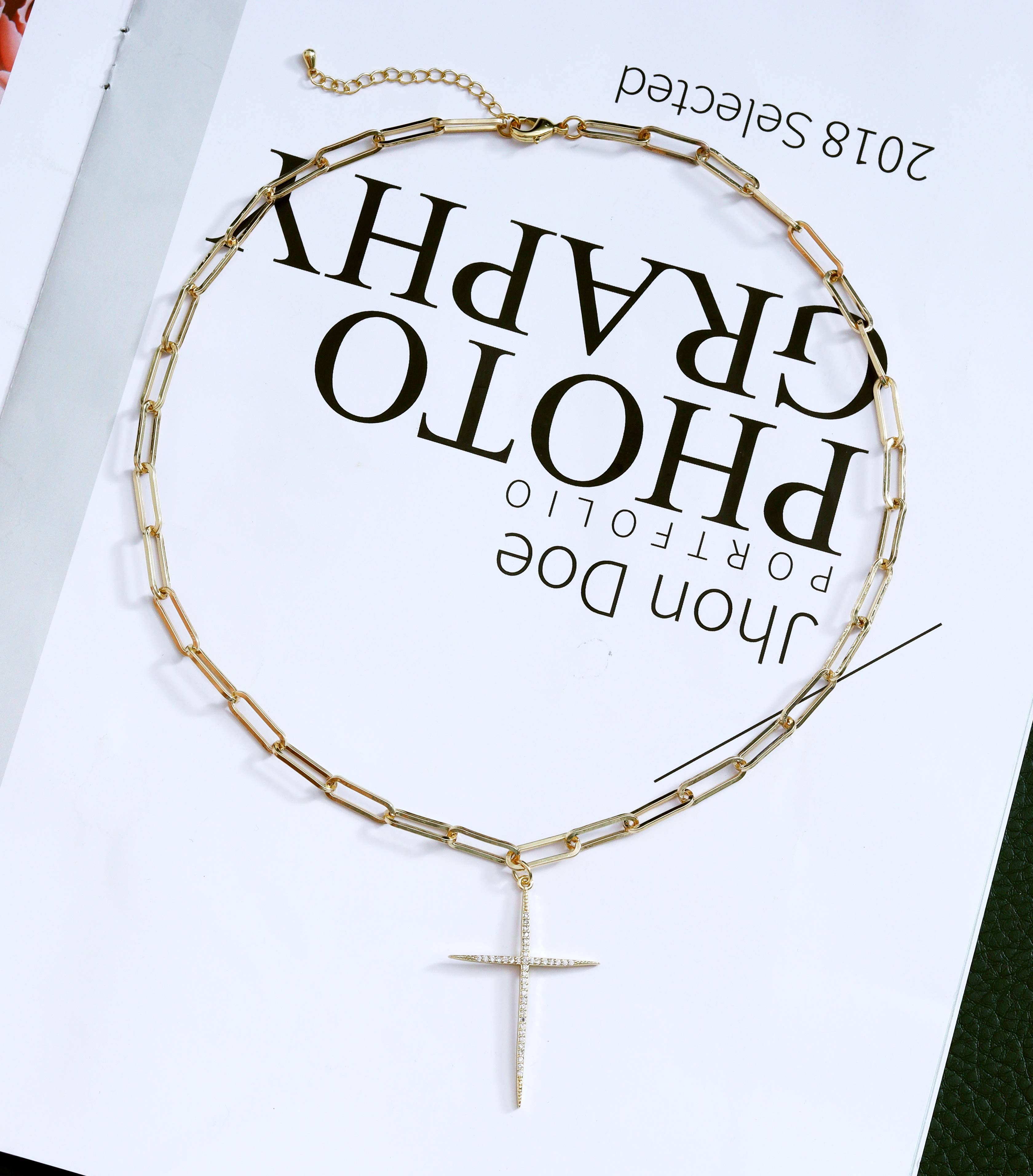 Medium Paperclip Chain Thin Cross Necklace, sku#CL09