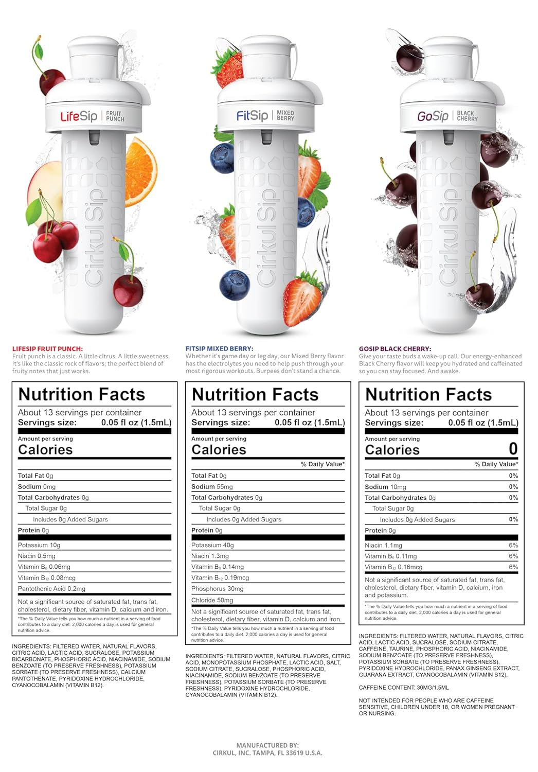 Cirkul 22Oz. Bpa-Free Plastic Water Bottle Starter Kit with Blue Lid, 3 Flavor Cartridges (1 Lifesip Fruit Punch, 1 Fitsip Mixed Berry, 1 Gosip Black Cherry) Zero Calories and No Sugar