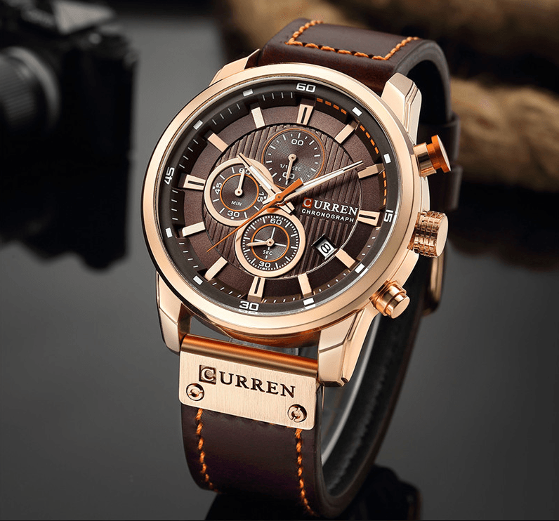 Montre de sport élégante et étanche pour homme avec chronomètres, affichage de la date, bracelets en cuir et verre Hardlex résistant aux rayures. Cadeau idéal pour lui.