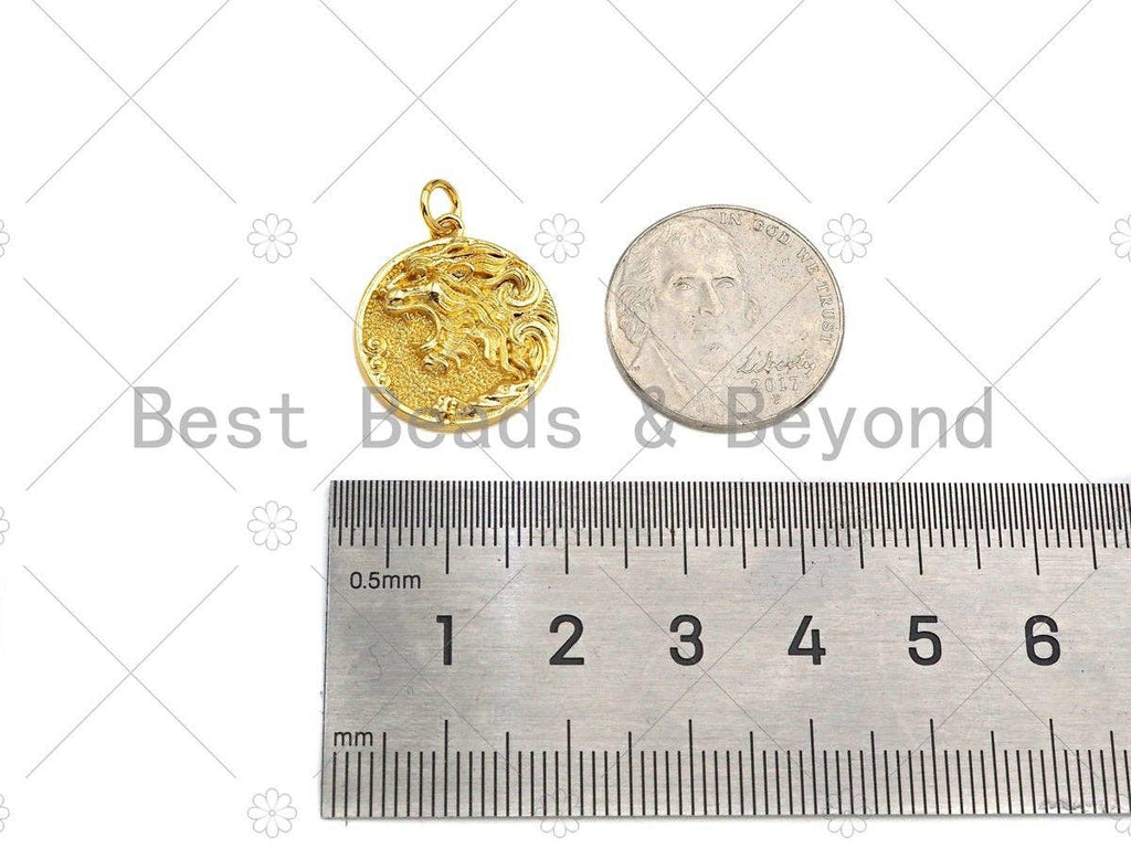 Embossed Lion Head On Round Coin Shape Pendant, 18K Gold Medallion Charm,Necklace Bracelet Charm Pendant,18x20mm,Sku#Z1326