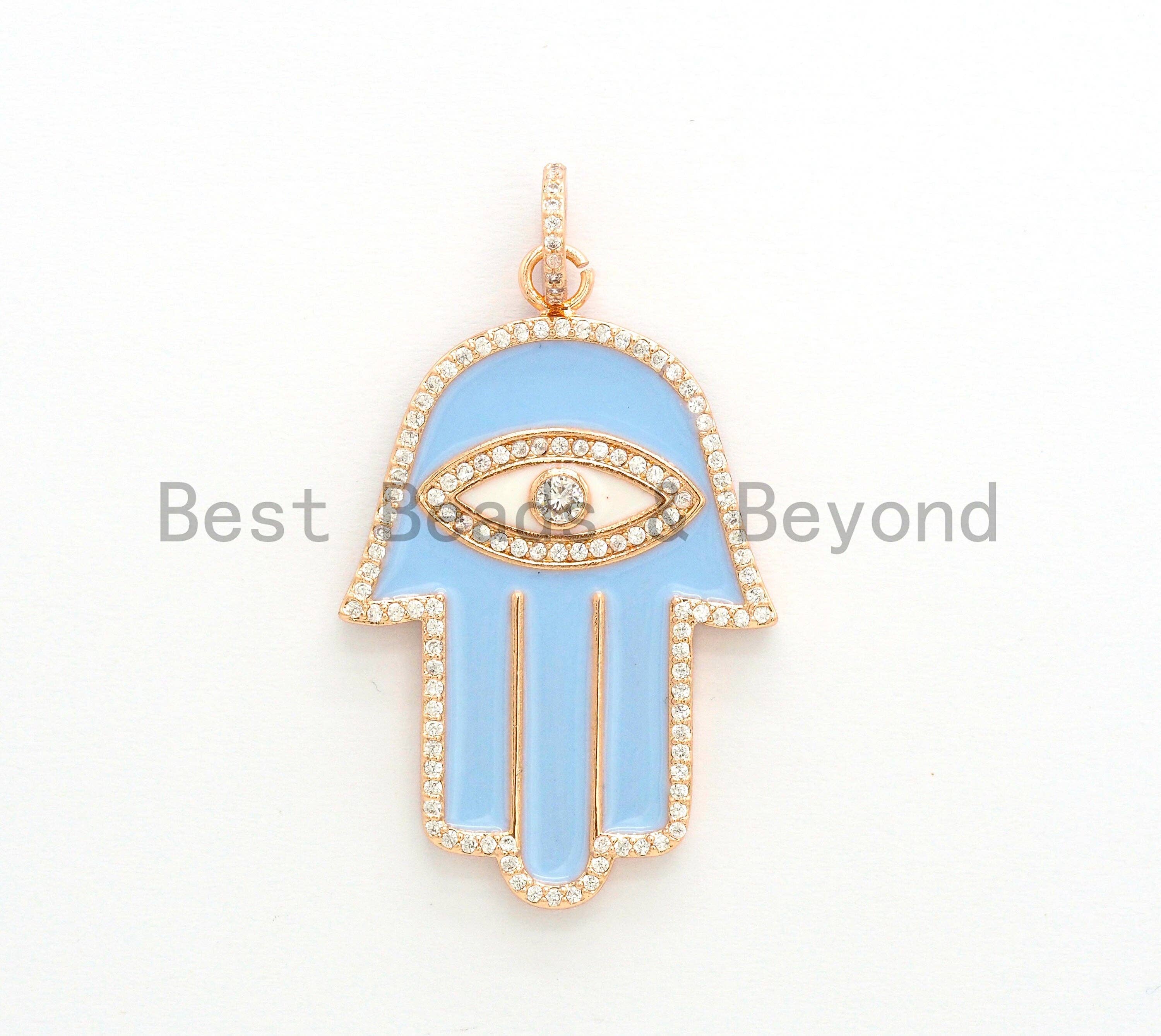 Enamel Oil Drop Hamas Hand Pendant,Cubic Zirconia Hamas Hand Pave Pendant, Blue Pave Pendant, 29x43mm, SKU#F599C