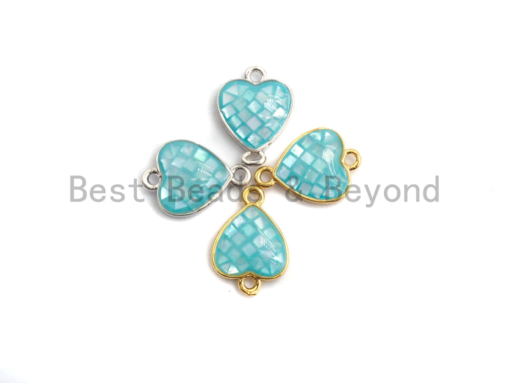 100% Natural Shell Aqua Blue Heart Shape Connector, Gold/Silver Plated, Natural Shell Beads, 10x14mm,SKU#Z275