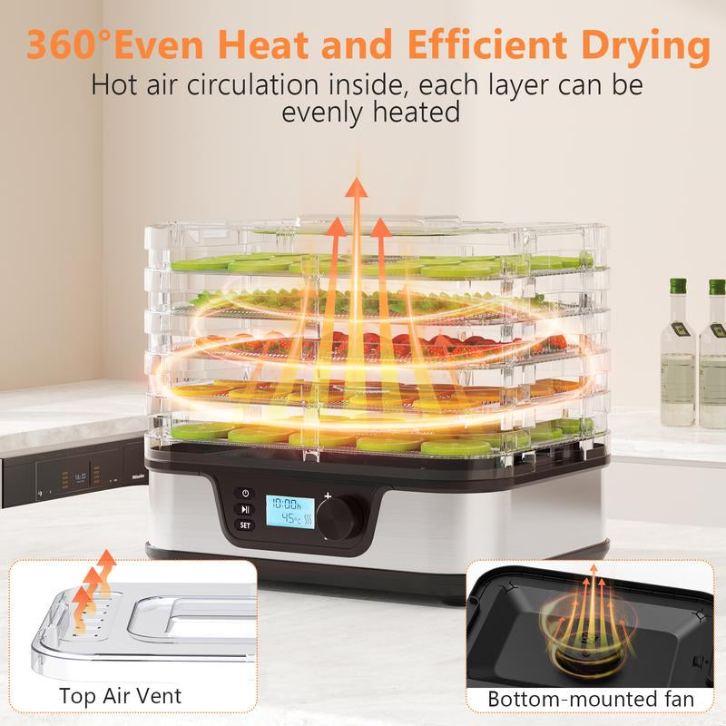 COWSAR Fruit and Vegetable Dryer, Stainless Steel Dehydrater for Fruit Herb Food Meat - 5 Compartments Fruit Vegetable Dryer,With Convection 72 Hours Timer LCD Screen