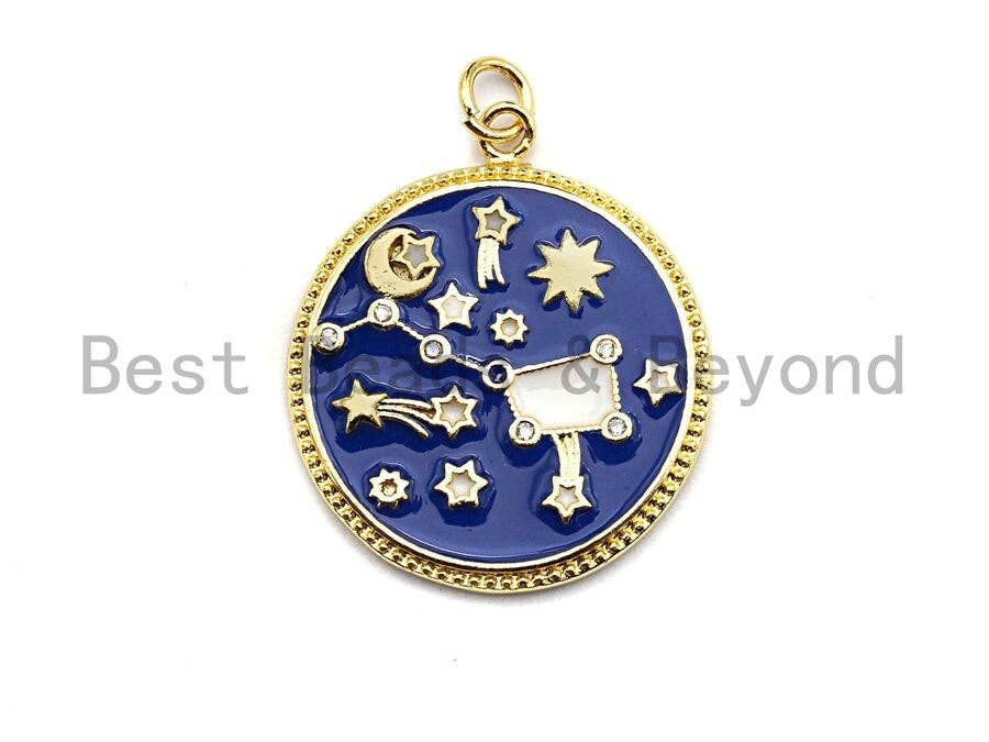 Royal Blue White Enamel Moon Star Plough Pendant, Enamel Pendant,Enamel Round Pendant, Oil Drop Jewelry Findings, 24x28mm,sku#Z365