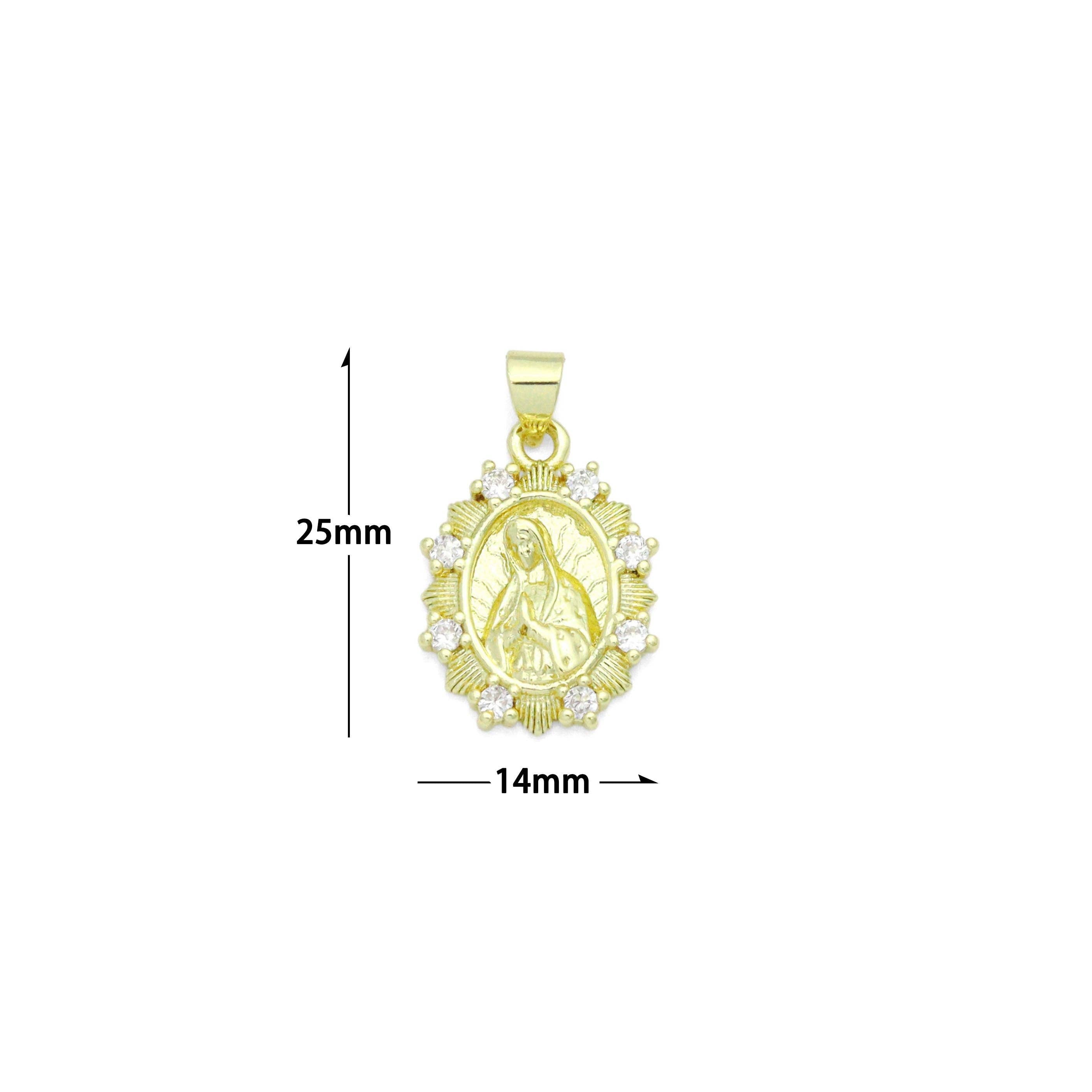 Clear CZ Gold Virgin Mary On Oval Picture Frame Charm Pendant, Sku#LK1204