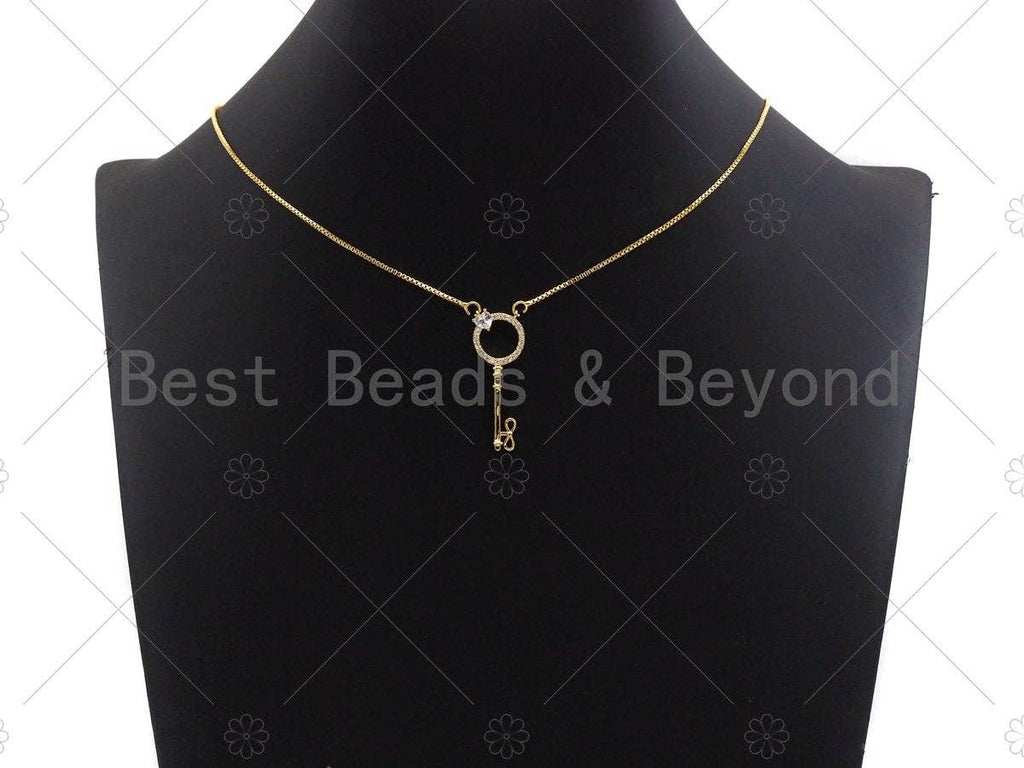 CZ Micro Pave Key With Round Ring Shape Pendant , Gold/Silver/Black/Rose Gold Plated Key, Necklace Bracelet Pendant, 12x33mm,sku#L285