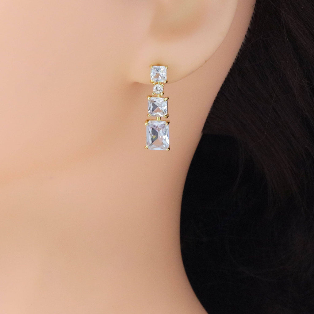 Gold Silver Graduated Square CZ Dangle Earrings, Sku#LX632