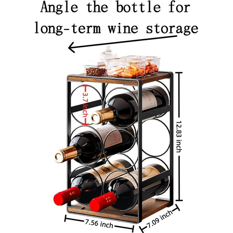 SUOERNUO Wood Countertop Wine Rack No Assembly Needed 6-Bottle Capacity Black & Rustic Brown Metal & Wood Construction Rust-Resistant Powder Coating Freestanding Storage Solution