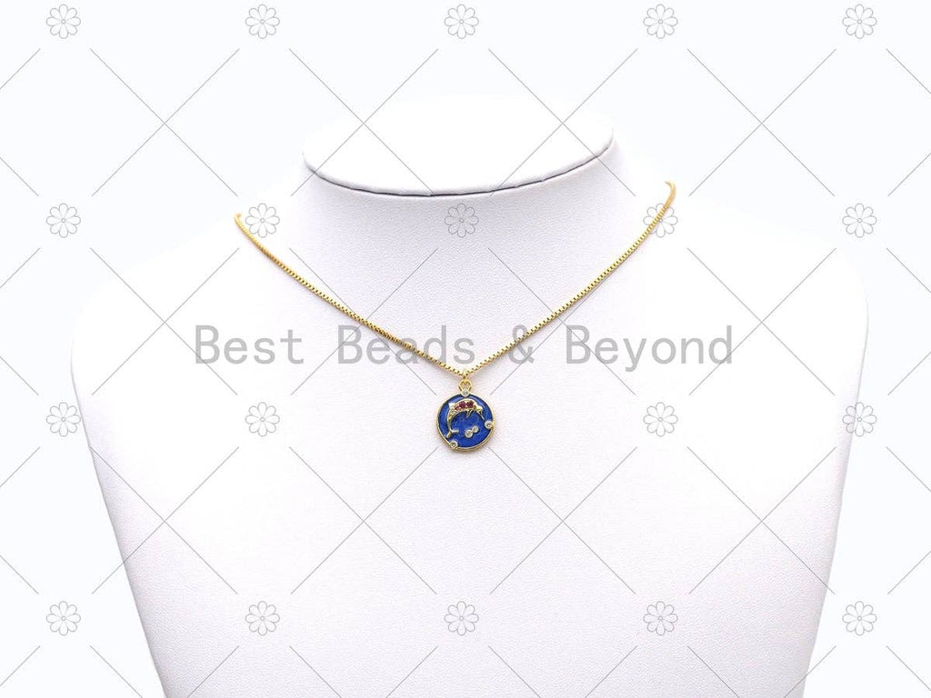 CZ Micro Pave Dolphin On Enamel Round Coin Shape Pendant,18K Gold Filled Dolphin Charm, Necklace Bracelet Charm Pendant, Sku#JD16