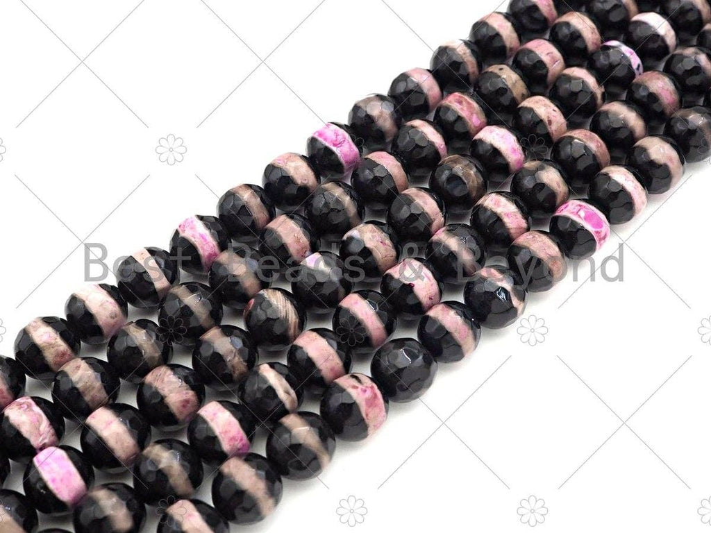Dzi Agate Faceted Round Beads with Hot Pink Line, 6mm/8mm/10mm/12mm, Red Black Tibetan Beads, Agate Beads, 15.5'' Full Strand,Sku#U1072