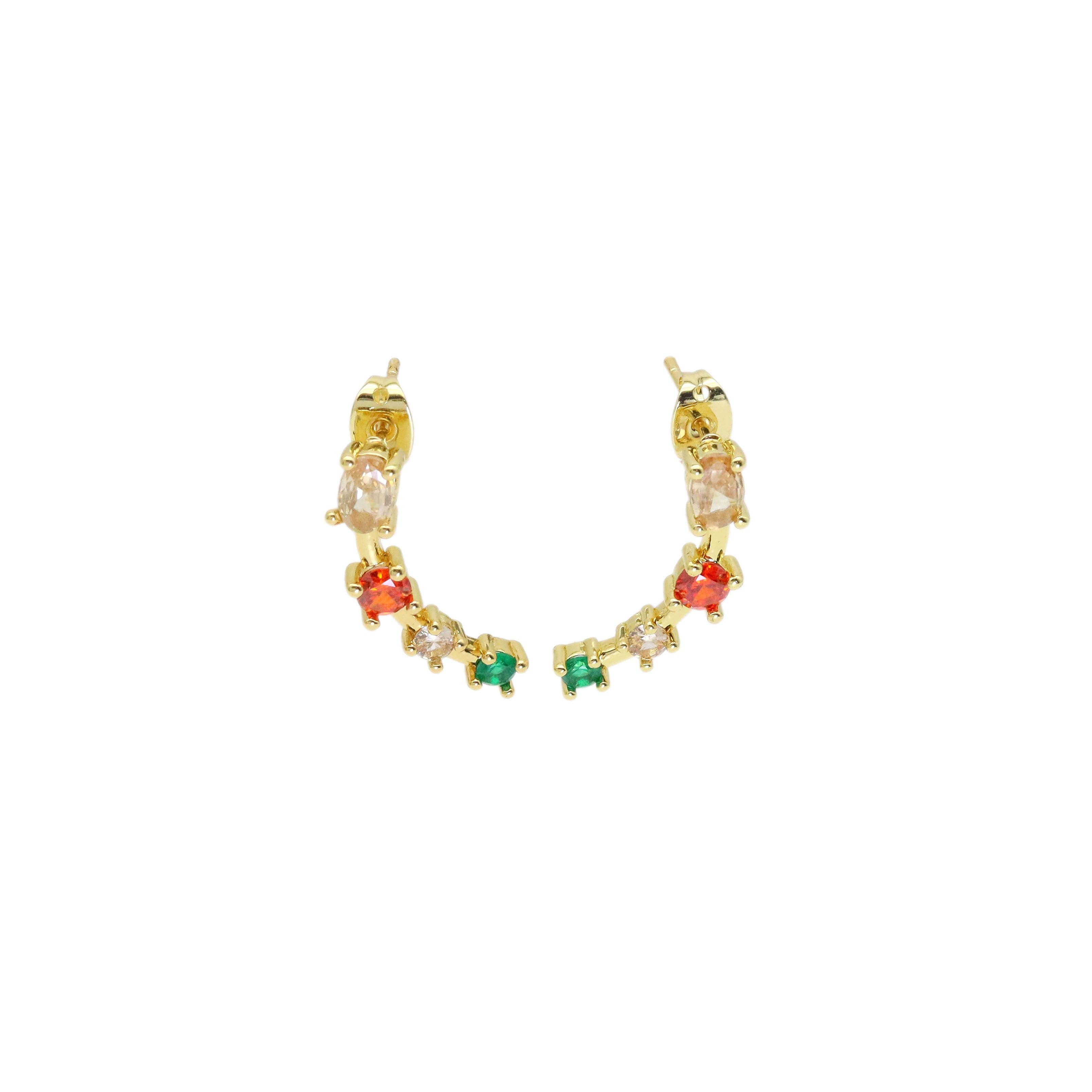 Gold Colorful CZ Arc-shaped moon Stud Earrings, Sku#LD538