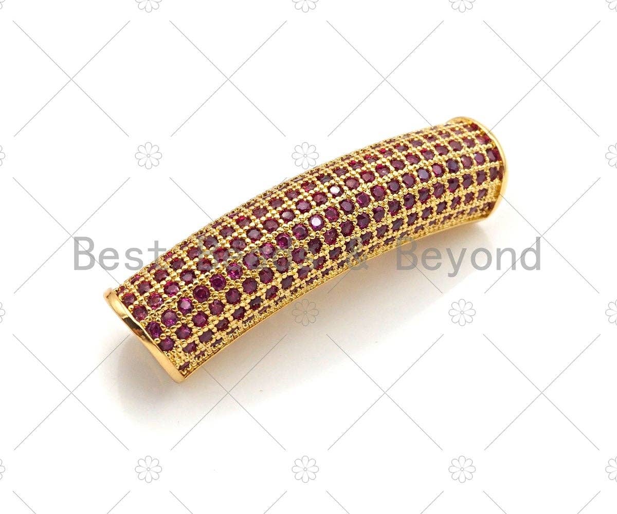 Fuchsia CZ Micro Pave Half Full Pave Tube for Bracelet/Necklace, CZ Spacer Tube in Silver/Gold/Rose Gold/Black, Tube Beads, 38x8mm,sku#ML09