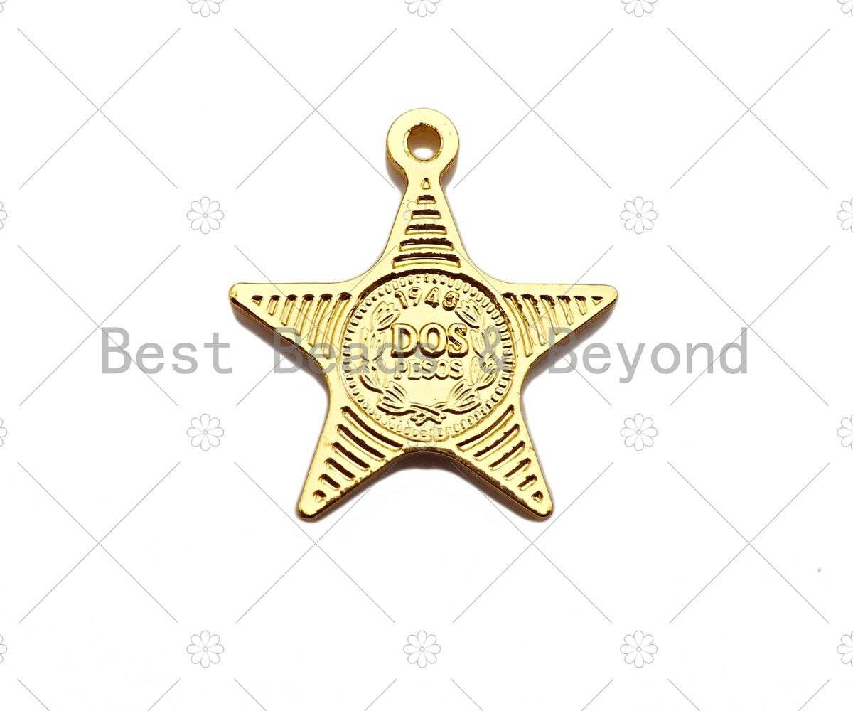 18k Dainty Gold Embossed Star Charms, Queen Elizabeth Charms, Gold Pendant, Five Point Star Necklace Charms, 18x16mm, Sku#Y380