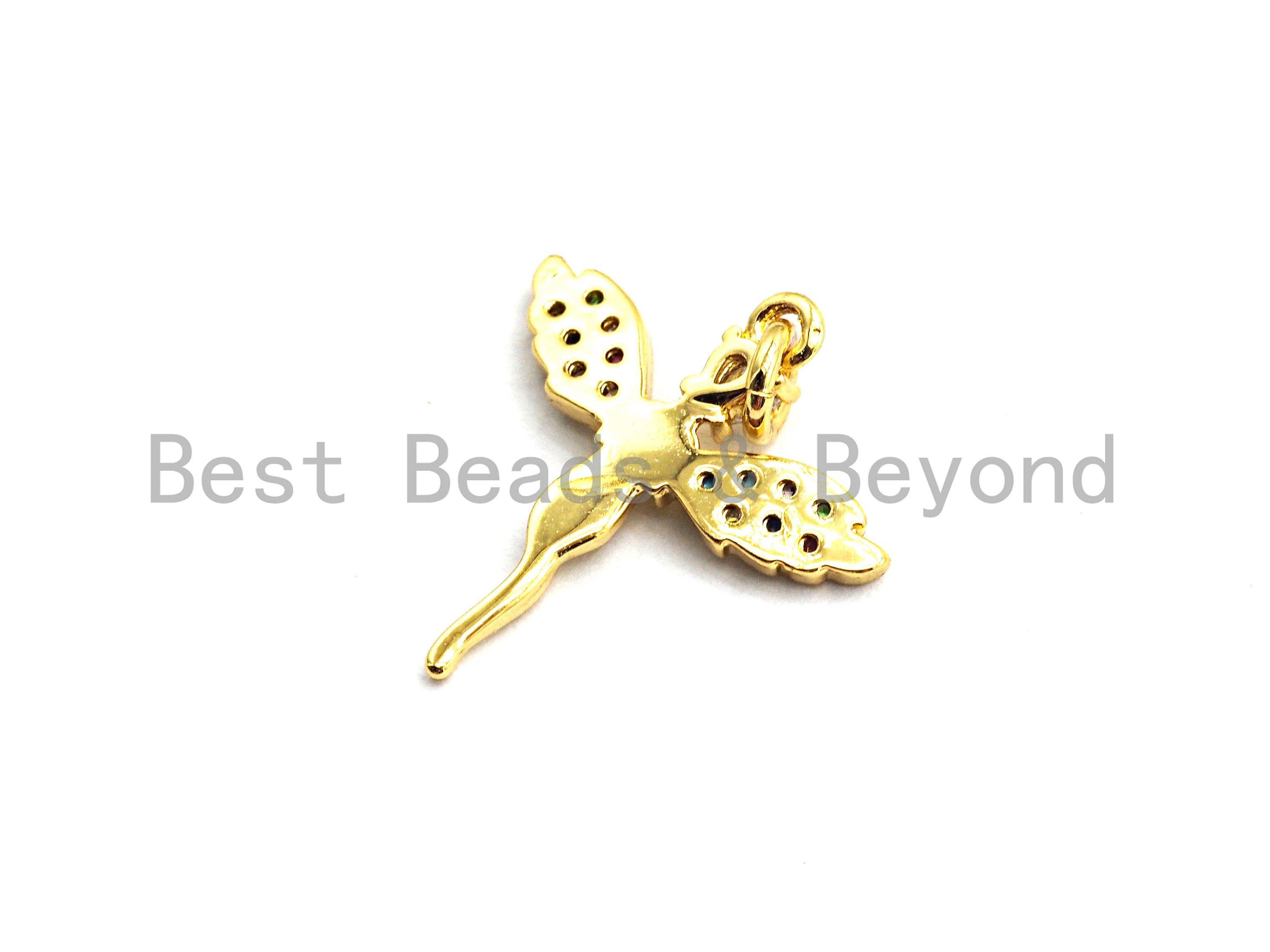 CZ Colorful Micro Pave Fairy Charm/Pendant, Angel Wing Lady Pave Pendant, Gold plated, 16x17mm, Sku#F751