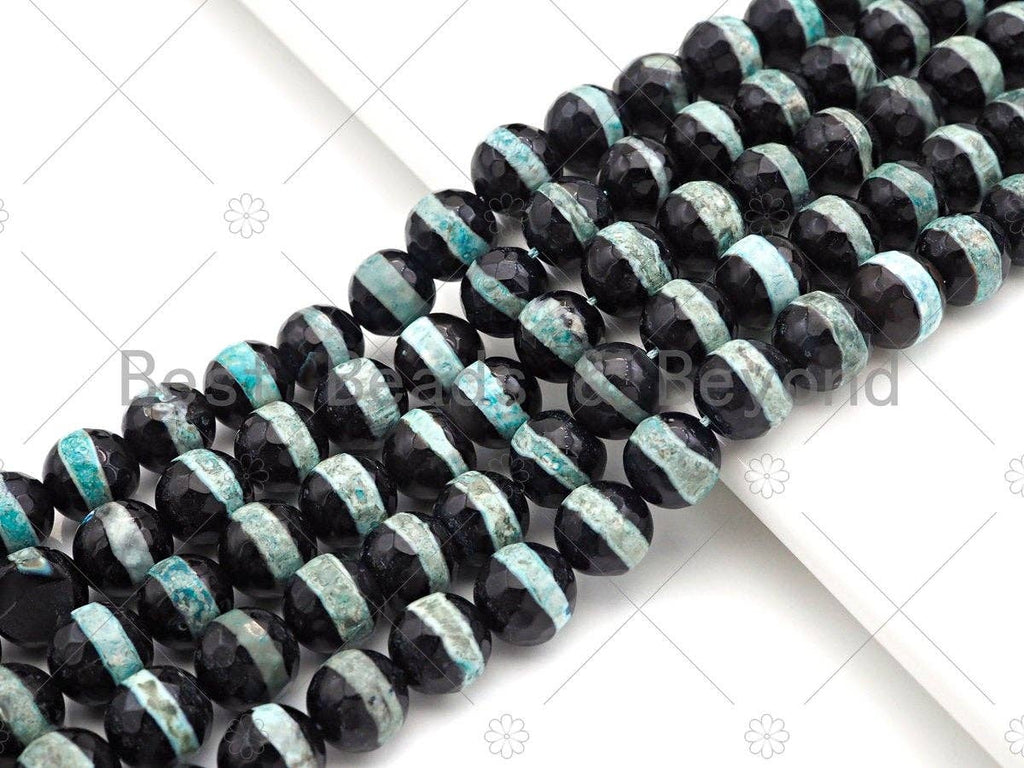 Dzi Agate Faceted Round Beads with Blue Line, 6mm/8mm/10mm/12mm, Light Blue Black Tibetan Beads, Agate Beads, 15.5'' Full Strand,Sku#U1071