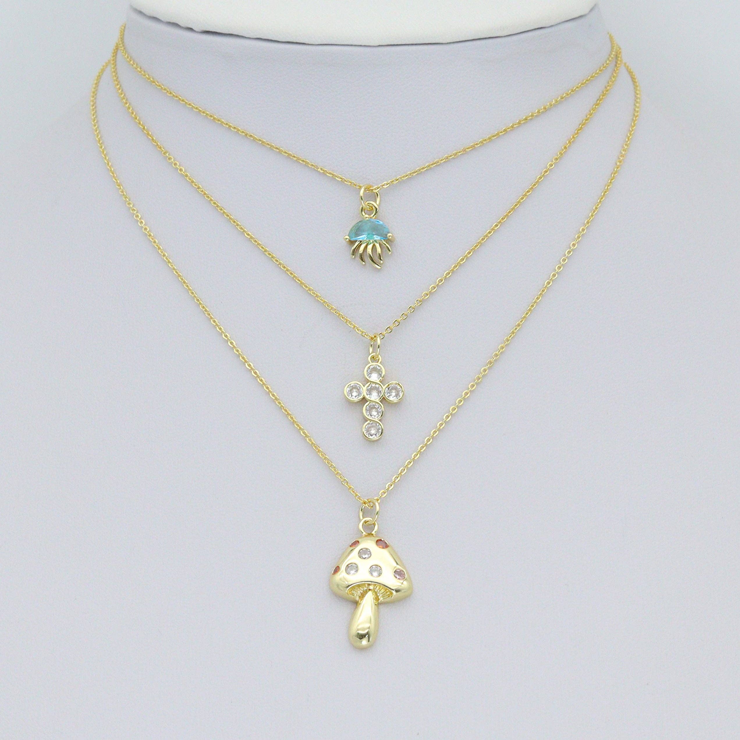 CZ Gold Love Cross Mushroom Jellyfish Dragonfly Charm Pendant,Sku#LD748