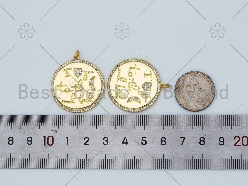 CZ Micro Pave Word Heart Moon on Round Coin Pendant/Charm, 18K Gold Filled Medallion Charm,Necklace Bracelet Pendant Charm,29x31mm,Sku#L608