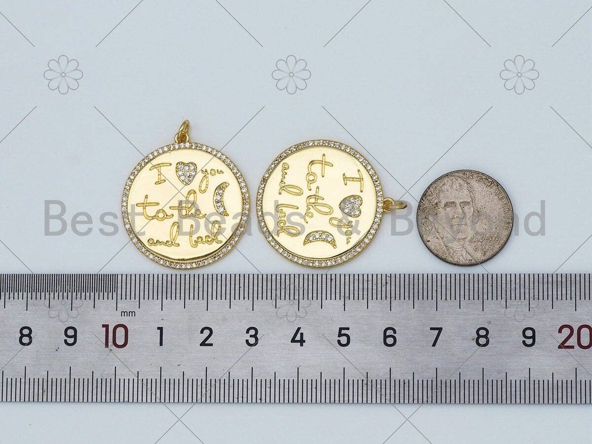 CZ Micro Pave Word Heart Moon on Round Coin Pendant/Charm, 18K Gold Filled Medallion Charm,Necklace Bracelet Pendant Charm,29x31mm,Sku#L608