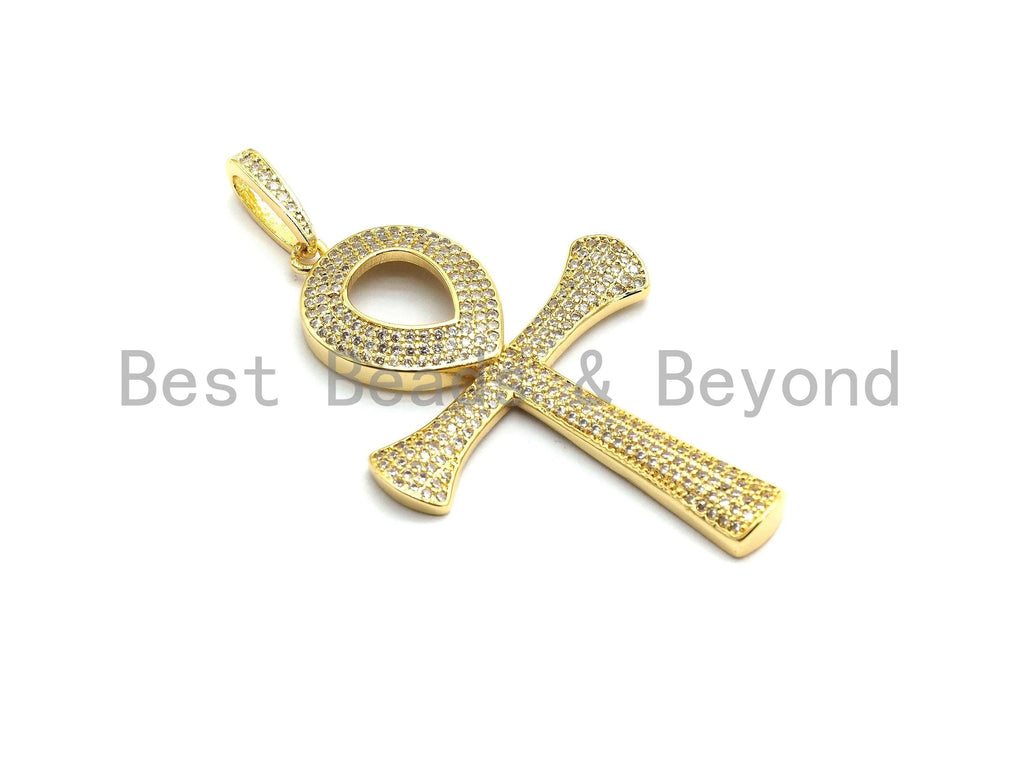 CZ Micro Pave Ankh Cross Pendant,Cubic Zirconia Paved Charm, Necklace Bracelet Charm Pendant, 33x52mm,sku#F695