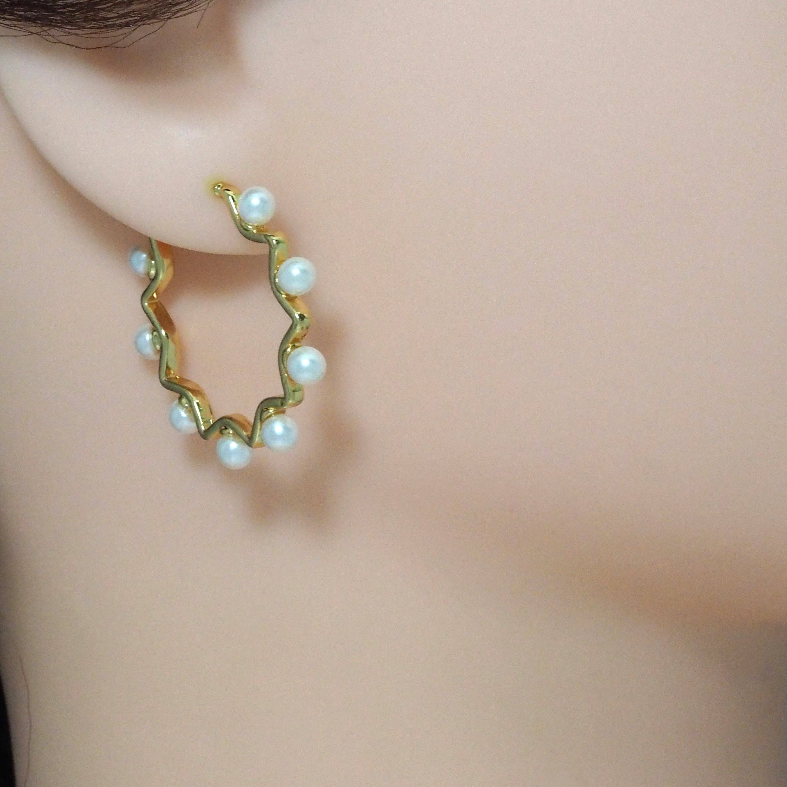 CZ Pearl Hoop Stud Earrings, Sku#LD382