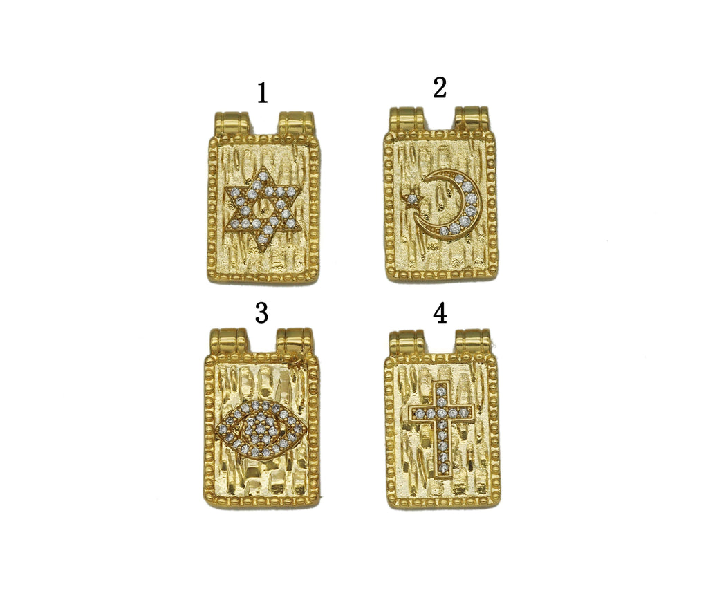 CZ North Star Cresent Moon Evil Eye Cross On Rectangle Charm, Sku#Y685