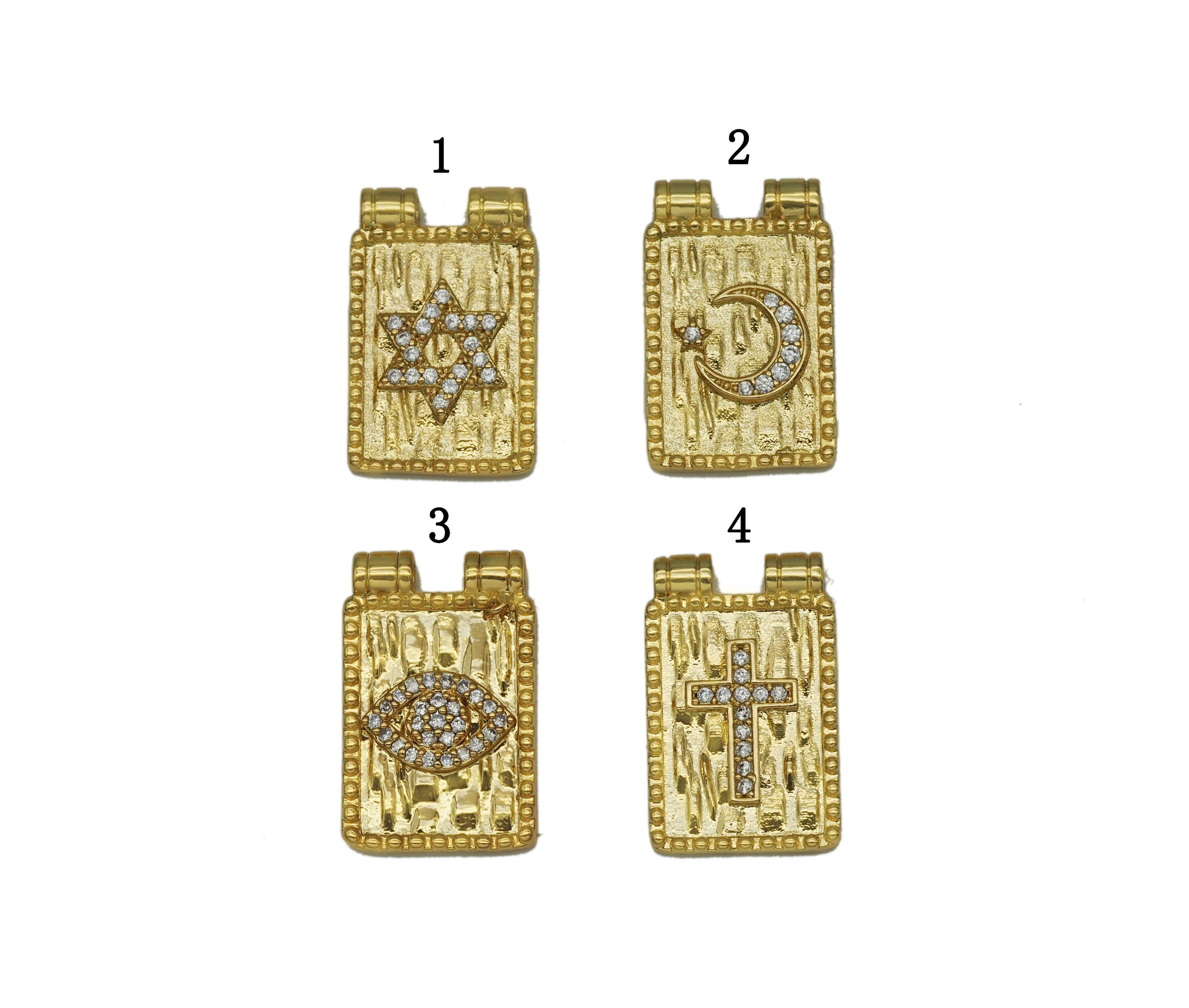 CZ North Star Cresent Moon Evil Eye Cross On Rectangle Charm, Sku#Y685