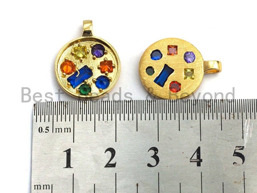 Colorful CZ Micro Pave Coin Shape Pendant,Cubic Zirconia Round Charm, Gold Pendant,16x20mm,sku#Y217