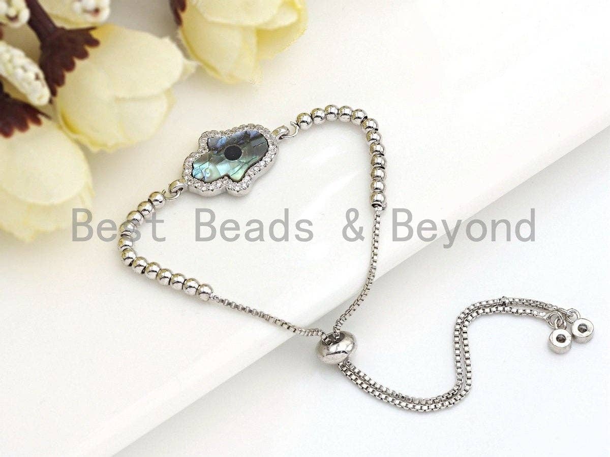 CZ Micro Pave Abalone Shell Hamsa Hand Connector, Cubic Zirconia Space Connector, Abalone Stone Charm, 14x23mm,SKU#Z936