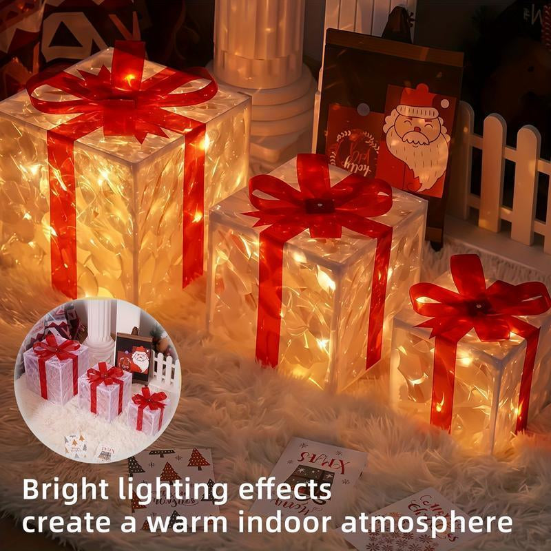 3-Pack Christmas Gift Box Lights – Transparent Red Design with Fairy Light Strings for Indoor Decor. Features Battery Dual Power Supply, 8 Flashing Modes with Timer Function. Perfect for Christmas Trees, Home Decor, Weddings & Birthday Parties