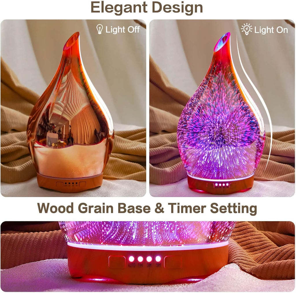 Porseme 280Ml Essential Oil Diffuser 3D Hand-Blown Glass Aroma Diffusor, Aromatherapy Unltrasonic Cool Mist Deffuser, 7 Color Changing Humidifier, Waterless Shut-Off, Timer Function for Home Office