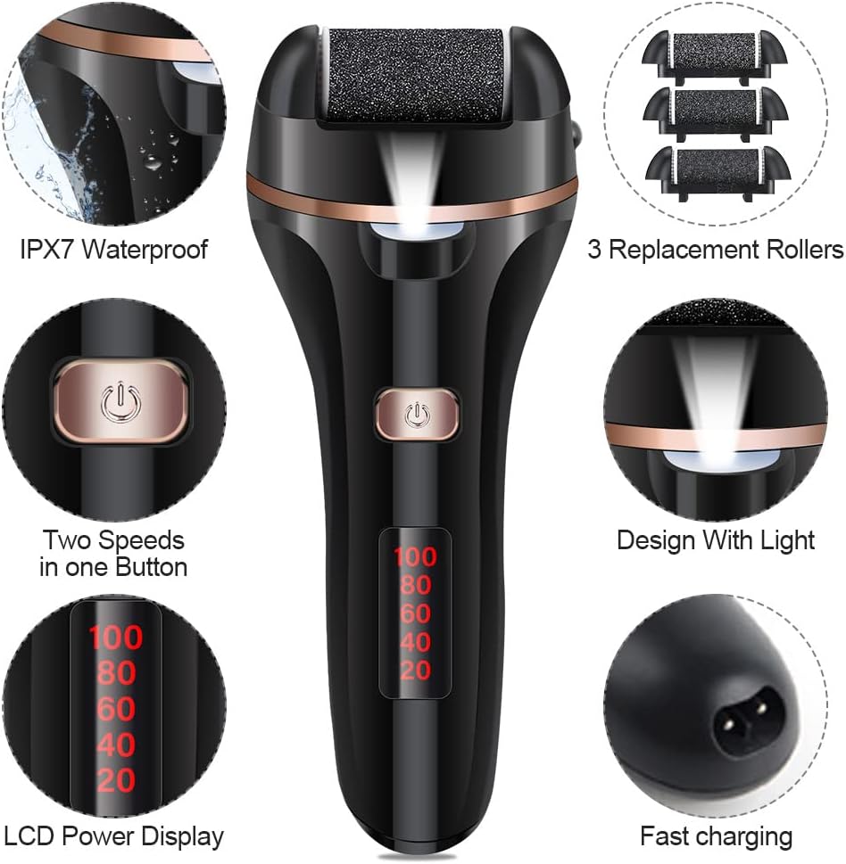 Electric Foot File Callus Remover, Rechargeable Pedicure Tools Foot Care Kit, Callus Remover for Feet with 3 Roller Heads,2 Speed for Remove Cracked Heels Calluses and Hard Skin