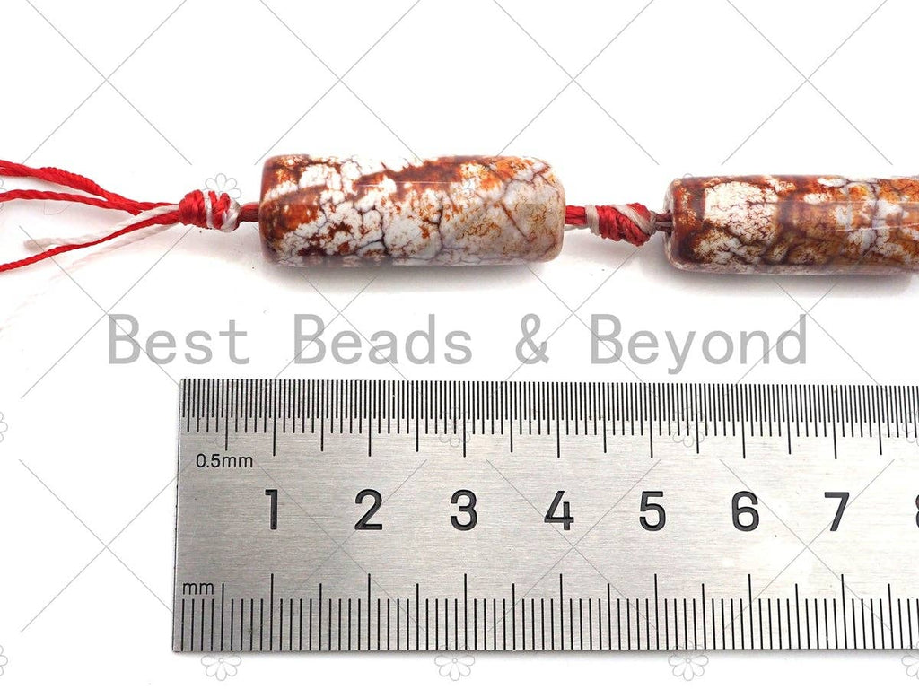 Natural Red White Agate Cylinder Spacer Beads, Tibetan Agate Spacer Beads, Tibetan Dzi Beads, 10x30mm, Sku#U1016