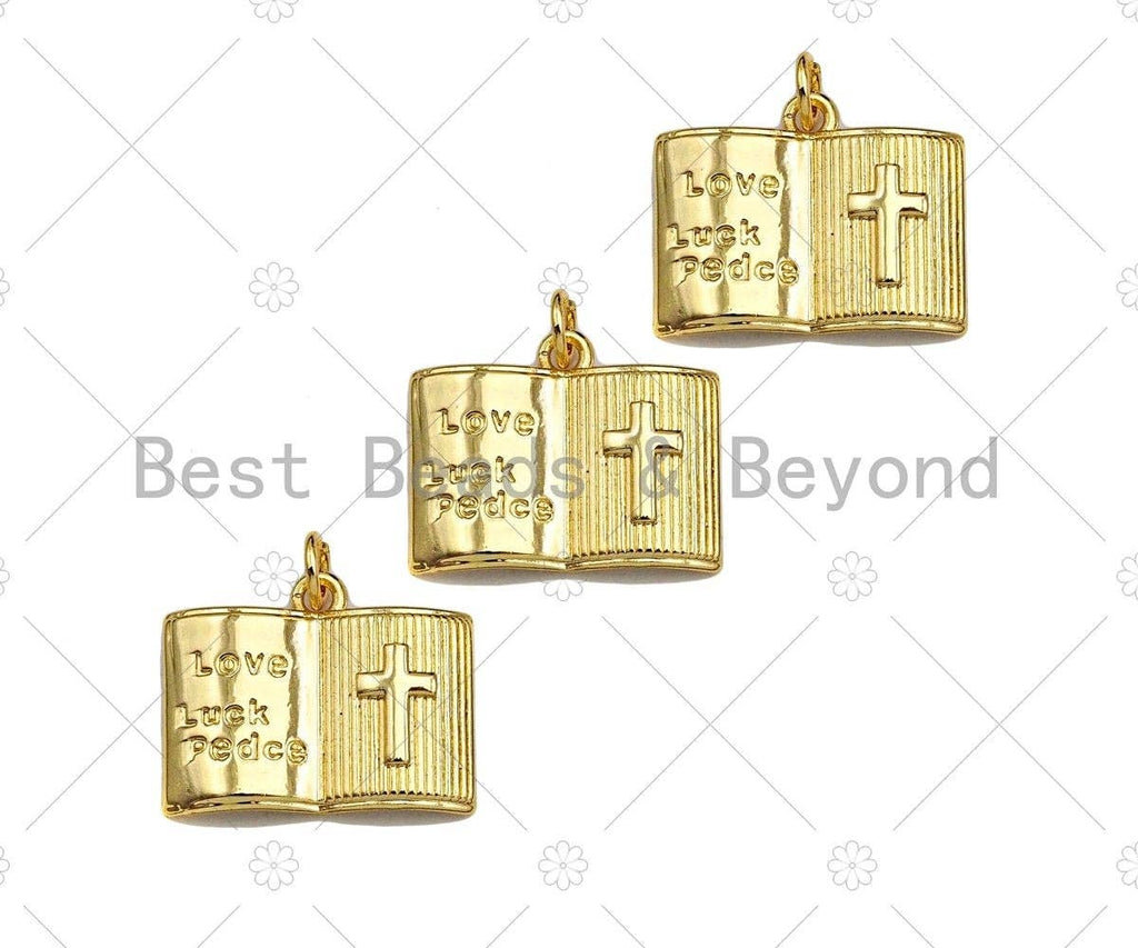 18K Dainty Gold Love Luck Cross On Book Shape Pendant/Charm,Book Medallion Charm, Necklace Bracelet Charm Pendant,20x16mm, Sku#LK255
