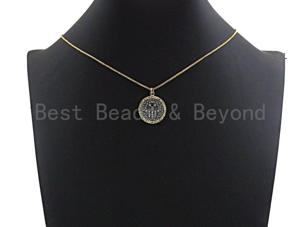 CZ Micro Pave Round Hamsa Hand on Disc Pendant/Charm, Gold-rimmed Black Cubic Zirconia Pendant, Gold Tone,21x24mm,Sku#Z461